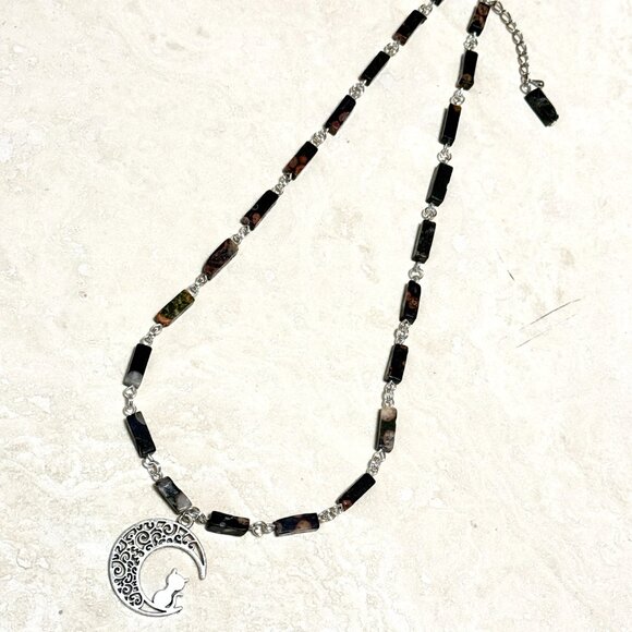 Genuine Dark Green Ocean Jasper Short Necklace, Gemstone & Cat on the Moon Charm - Picture 7 of 13